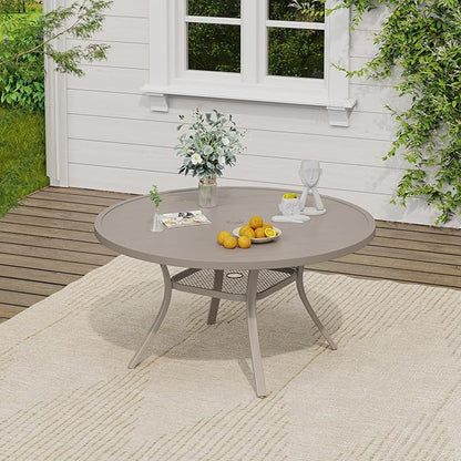 VICLLAX Outdoor Patio Round Dining Table, 47"x 47" Metal Slatted Round Tabletop with Adjustable Umbrella Hole for Deck Lawn Garden Backyard, Sandshell
