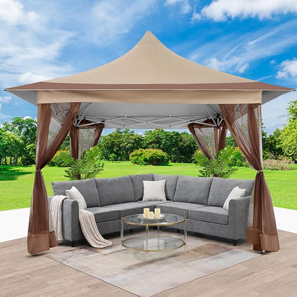 COBIZI 12x12 Pop up Canopy Gazebo on Clearance, Outdoor Canopy Tent with Mosquito Netting & Sandbags,Patio Portable Gazebo for Garden,Backyard & Lawn,Khaki