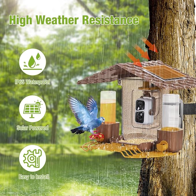 GUTINNEEN Smart Bird Feeder with Camera, High Resolution AI Camera for Wild Bird Identification, Hummingbird Feeder with Camera Solar Powered, Wireless Camera Gift for Bird Lover (Brown), AIR106