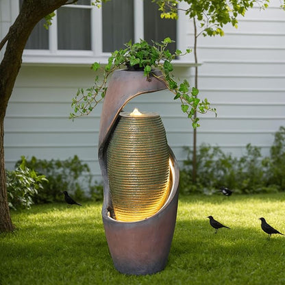 29.5’’H Modern Outdoor Fountain - Curved Spiral Waterfall Indoor/Outdoor with LED Light & Planter Bowl, Resin Garden Fountains for Patio, Yard, Backyard, Porch, Home Art Decor, 11.8" L x 11.8" W