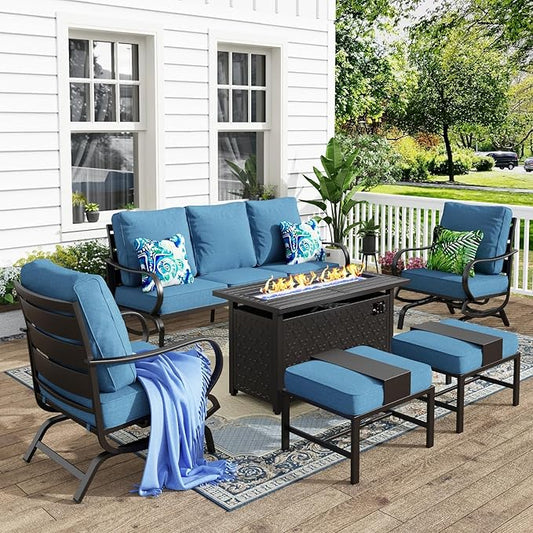 MFSTUDIO 6 Pieces Patio Furniture Sets with 45" Gas Fire Pit Table(Up to 7 Seat), Outdoor Metal Frame Patio Conversation Sofas with 1 x 3-Seat Sofa, 2 Rocking Chairs and 2 Ottoman, Navy Cushion