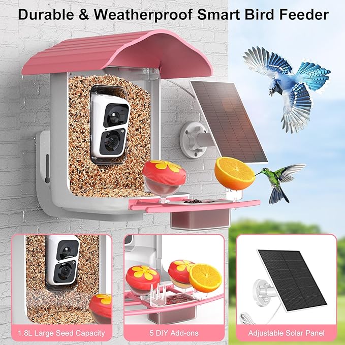 birdsnap® PAV- Smart Bird Feeder with Camera Solar Powered, 64GB Card & 2K HD Record Video Bird Camera Live with 5 DIY Add-ons, AI Identify Auto Capture, Ideal Gift for Birds Lover