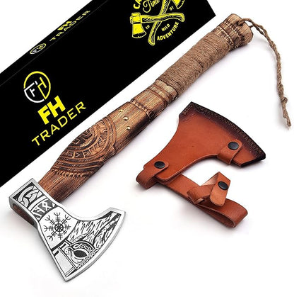 Hand Forged Viking Axe – Carbon Steel Blade with Ash Wood Handle and Leather Sheath, Camping, Hunting, Outdoor Hatchet Valhalla Ax, Medieval Axe, Authentic Norse Axe, Historical Gift for Men