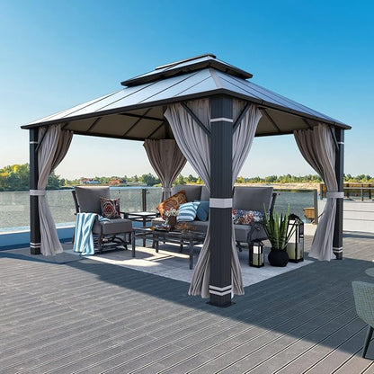 YOLENY 10' x 12' Hardtop Gazebo, Permanent Outdoor Aluminum Patio Gazebo with Aluminum Composite Double Roof for Patio Lawn and Garden, Curtains and Netting Included