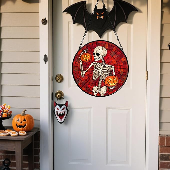 Stained Glass Window Hanging - Halloween Decorations Skeleton Pumpkin Suncatcher for Doors Garden Indoor Spooky Funny Sun Catchers Gothic Decor Horror Gifts for Women Men Friend 11.8 in