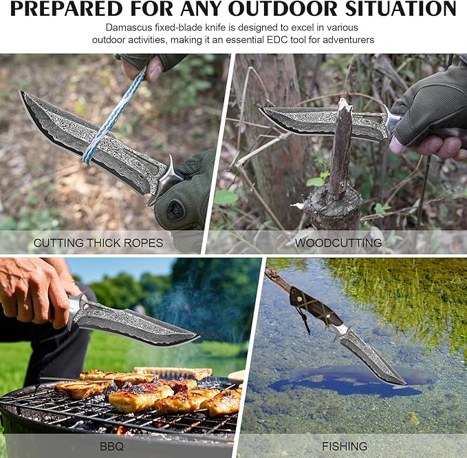 Handmade Damascus Hunting Knife,10.4"Fixed Blade Bowie Knife with Leather Sheath,Real Damascus Steel Knives with VG10 Core &Wood Handle,EDC Full Tang Knives for men women, Adventure,Survival,Hiking,Camping