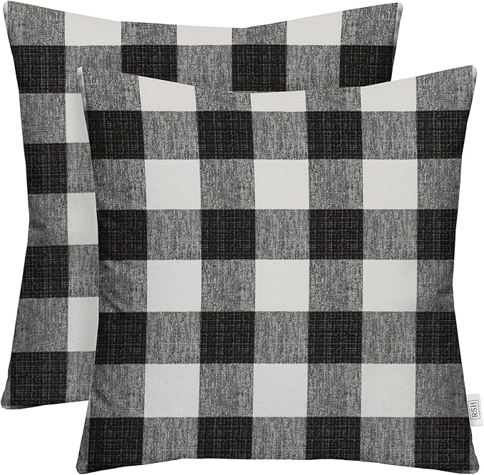 RSH DECOR: Square Throw Pillows Set of 2 | 17” x 17” | All-Weather Spun Fabric | Water and Fade-Resistant | Outdoor Accent Pillows for Patio Furniture | Black Buffalo Plaid