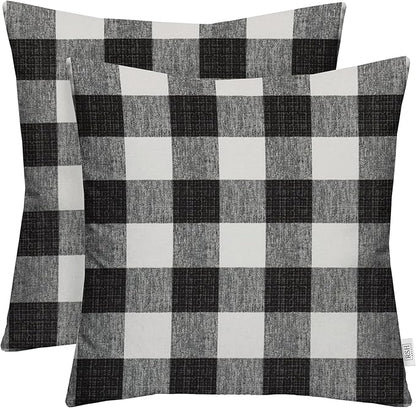 RSH DECOR: Square Throw Pillows Set of 2 | 20” x 20” | All-Weather Spun Fabric | Water and Fade-Resistant | Outdoor Accent Pillows for Patio Furniture | Black Buffalo Plaid