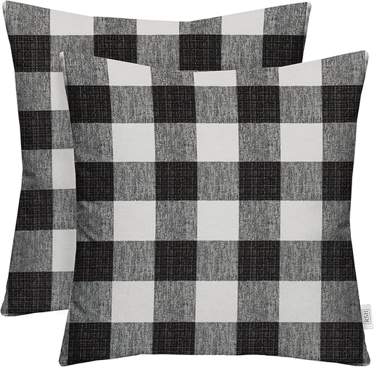RSH DECOR: Square Throw Pillows Set of 2 | 20” x 20” | All-Weather Spun Fabric | Water and Fade-Resistant | Outdoor Accent Pillows for Patio Furniture | Black Buffalo Plaid