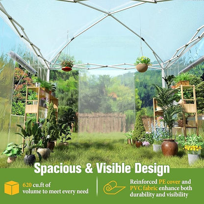 AMERLIFE 10×10×8.5 FT Pop-up Greenhouses for Outdoors Indoor with Adjustable Sturdy Frame, Portable Walk in Greenhouse with 2 Roll-up Zipper Doors, Windows and PE Cover, White