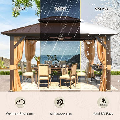YOLENY 10' x 12' Gazebo Hardtop with Aluminum Frame,Galvanized Steel Double Roof Gazebos with Curtain and Netting,Outdoor Metal Pergolas for Garden, Lawn, Deck, Brown