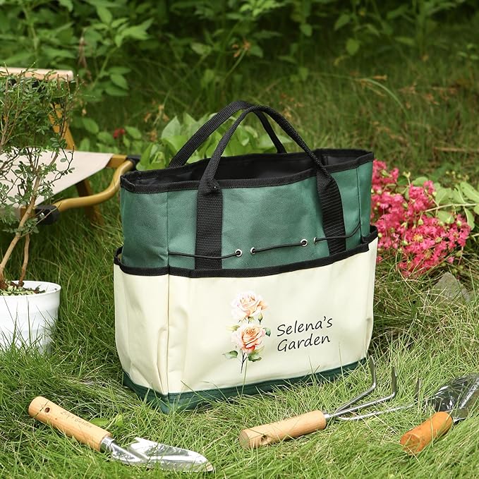 Personalized Garden Tools Set for Women: Custom Text Garden Tool Bag and Garden Shovel & Transplant Shovel & Hand Rake - Gardening Gifts for Mom Grandma Gardening Lover (Garden Bag)
