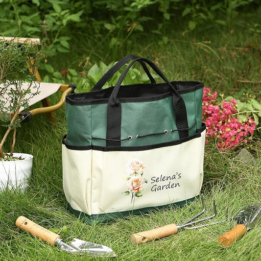 Personalized Garden Tools Set for Women: Custom Text Garden Tool Bag and Garden Shovel & Transplant Shovel & Hand Rake - Gardening Gifts for Mom Grandma Gardening Lover (Garden Bag)