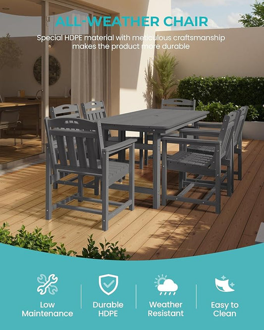 HDPE Outdoor Patio Dining Set with Table & 6 Chairs, All-Weather 7-Piece Outdoor Table and Chairs, 2" Umbrella Hole, Patio Furniture for Garden, Backyard, Deck | Grey