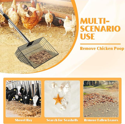 CAROD 15"-Large Thickened Chicken Poop Scooper, 24 to 68" Adjustable Chicken Coop Scoop for Poop with Stainless Steel Handle, Litter Scooper Sifting Shovel Chicken Coop Accessories