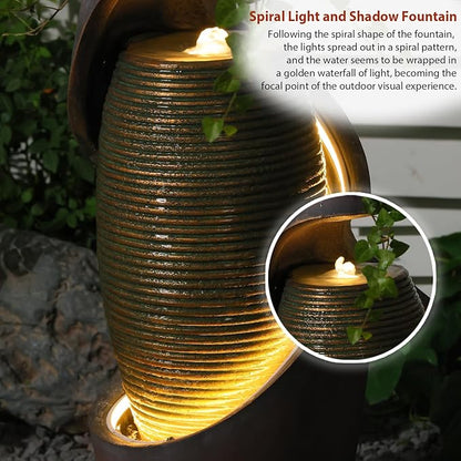 29.5’’H Modern Outdoor Fountain - Curved Spiral Waterfall Indoor/Outdoor with LED Light & Planter Bowl, Resin Garden Fountains for Patio, Yard, Backyard, Porch, Home Art Decor, 11.8" L x 11.8" W