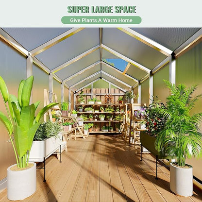 6x10 FT Greenhouse, Easy Assembly Aluminum Polycarbonate Greenhouses for Outdoors with Roof Vent, Large Aluminum Walk-in Greenhouse for Sunroom Patio, Backyard, Garden, Sliding Lockable Door, Silver