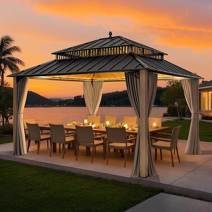 SUNJOY Kingston 14' x 12' Hardtop Gazebo with Galvanized Steel Double Roof, Curtain and Netting, Woodgrain Finish Aluminum Posts Permanent Pavilion Gazebo for Garden, Patio, Deck, Lawn