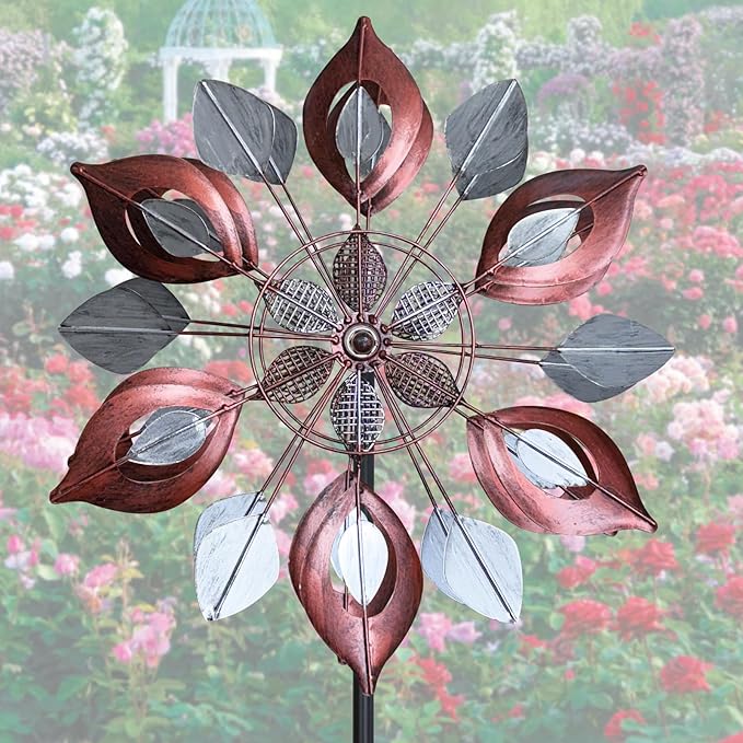 GUAGUA Classical Metal Wind Spinner Outdoor, 360 Degrees Swivel Wind Spinners for Yard and Garden, 74 in Wind Sculptures Willow Leaves Patio Decor (Red)