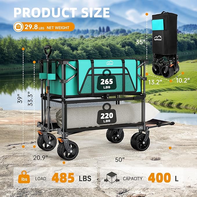Foldable 50''L Extra Long Double Decker Wagon for Sport, 400L Collapsible Heavy Duty Wagon Cart with Big Wheels, Utility All-Terrain Large Extender Cart for Outdoors, Light Blue