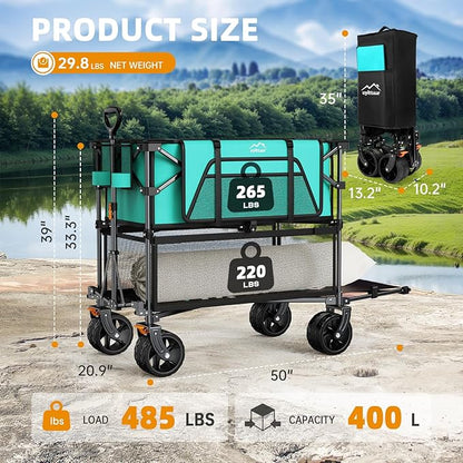 Foldable 50''L Extra Long Double Decker Wagon for Sport, 400L Collapsible Heavy Duty Wagon Cart with Big Wheels, Utility All-Terrain Large Extender Cart for Outdoors, Light Blue