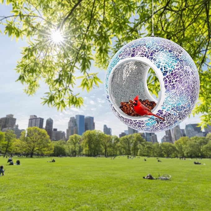 Yinns Bird Feeder - Glass Birds Feeder Outside Hanging, Mosaic Fly Through Birdfeeder with Oval Stained, Outdoor Garden Decor, 6.5 inch