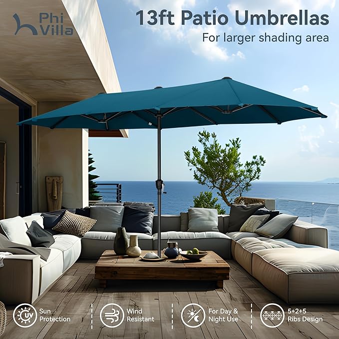 PHI VILLA 13ft Large Patio Umbrellas, Double-Sided Outdoor Market Rectangle Umbrella for Outside, Cyan