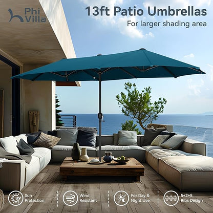 PHI VILLA 13ft Large Patio Umbrellas, Double-Sided Outdoor Market Rectangle Umbrella for Outside, Cyan