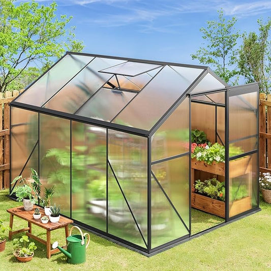 Gizoon 8x6 FT Outdoor Greenhouse, Polycarbonate Walk-in Garden House with Adjustable Roof Vent & Sliding Door, Aluminum Frame Garden Plant House for Backyard, Patio and Gardening (Black)