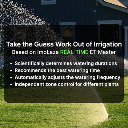 ImoLaza Smart Sprinkler Controller Evapotranspiration Master: 12 Zones WiFi Irrigation Controller with Automated Watering and App Control, Save Water Through Rain, Freeze, Wind and Saturation Skip