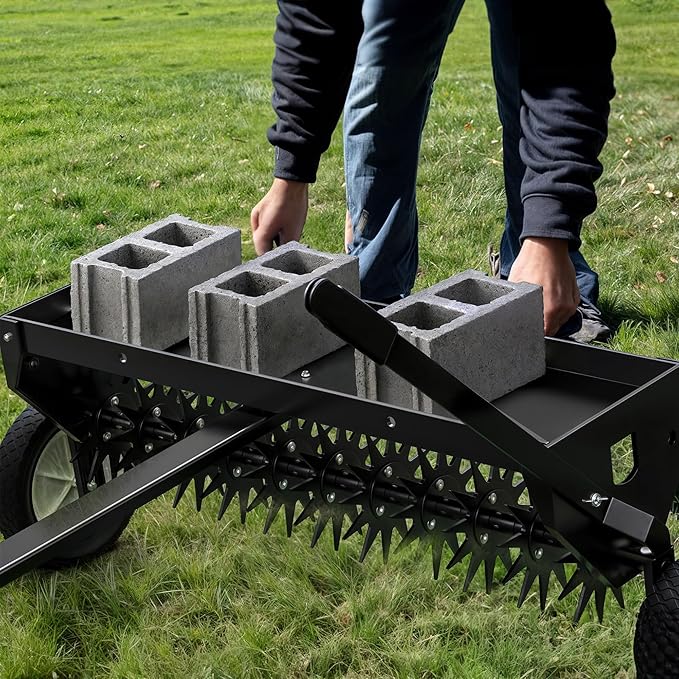 YITAMOTOR 40" Tow Behind Spike Aerator, Durable Lawn Aerator for Soil Penetrator with Transport Wheels & Galvanized Plug Coring Tines & Universal Hitch Tow Bar & Side Control Handle for ATV,Black
