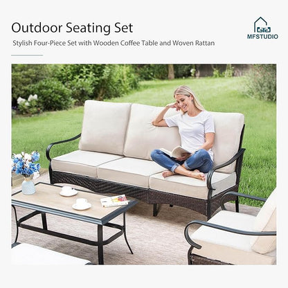 MFSTUDIO 6 PCS Outdoor Patio Furniture Set, Metal Outdoor Conversation Set, Rattan Wicker Patio Sectional Sofa Set with 2 x Fixed Single Sofa, 3-Seat Sofa, 2 x Ottoman, 1 x Coffee Table, Beige