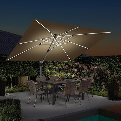 PURPLE LEAF 9' X 12' Solar Powered LED Rectangle Cantilever Umbrella With Base Patio Umbrellas Windproof Hanging Umbrella Outdoor Umbrellas Offset Umbrellas, Beige