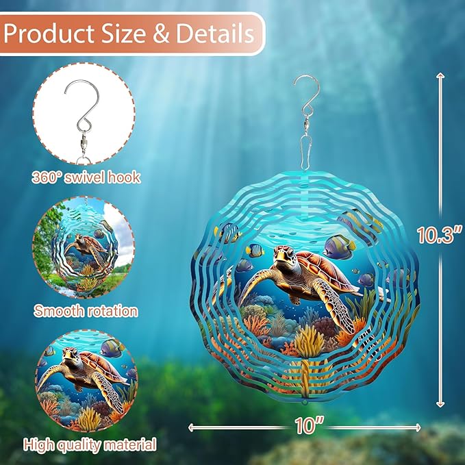 3D Sea Turtle Wind Spinner 10 Inch Ocean Theme Metal Art Stainless Steel Kinetic Art Hanging Spinner for Indoor and Outdoor Garden Decoration