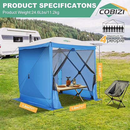 COBIZI 6x6 Pop up Gazebo Tent on Clearance, Ez up Waterproof Screen Tent Screen House with 3 sidewalls,Portable Outdoor Canopy with Carry Bag & Ground Stakes for Camping,Garden and Picnics, Blue