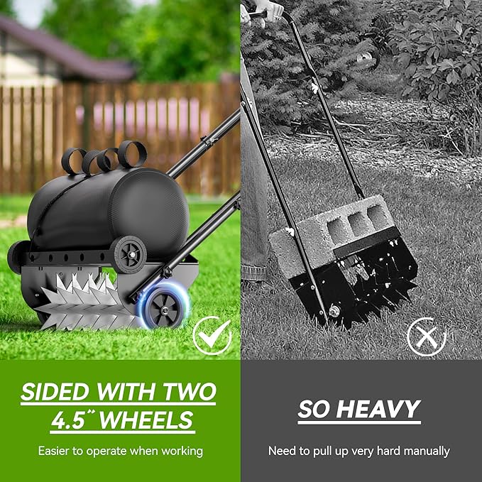 22.5-Inch Lawn Aerator with Weight Bag, Heavy Duty Push Spike Aerator with 4 Wheels, Aerator Lawn Tool with 42.2" Steel Handle, Manual Aerator Lawn Tool with Foam Armrests, for Lawn, Garden and Yard