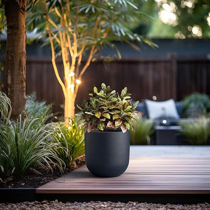 Kante 11.0" Round Concrete Planter, Large Cylinder Plant Pot with Curved Bottom and Drainage Hole, for Indoor and Outdoor Use – Garden or Patio, Charcoal Finish with Warm Brown Interior