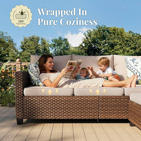 Patio Furniture Set, 6 Pcs Wicker Rattan Outdoor Conversation Set, 2 x Leg Chairs, 1 x 3 Seater Sofa and 2 x Ottoman with 4" Thick Cushion and 56" Fire Pit Table, Beige