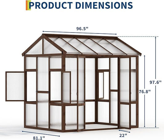 6x8 FT Wooden Greenhouse for Outdoor - Heavy Duty Walk-in Green House Kit with 6mm Polycarbonate, Ventilated Window & Lockable Door for Backyard, Patio, Lawn