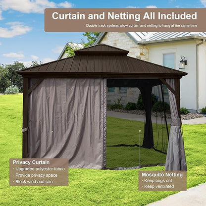 Domi Hardtop Gazebo 10x10FT, Aluminum Outdoor Gazebo with Galvanized Steel Double Roof Canopy, Curtains and Netting Included, Metal Gazebo Permanent Pavilion for Patio, Lawn, Garden, Brown