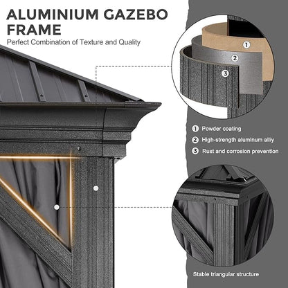 ABCCANOPY Hardtop Gazebo 10x10 - Outdoor Metal Hard Top Gazebo, Permanent Galvanized Steel Aluminum Framed Pavilion with Netting and Curtain for Patio Backyard Lawn Garden (Single Roof, Gray)
