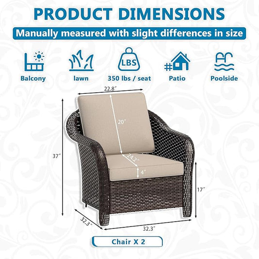 Vista Vibe Outdoor Patio Deep Seat Chairs Set of 2, Washable Cushions, Hand-Woven PE Rattan, All-Weather & Steel Frame, Garden, Bistro, Deck, Yard (Beige)