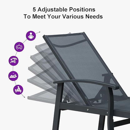 PURPLE LEAF Chaise Lounge Chair Outdoor 2 Pieces Pool Lounge Chairs 5 Adjustable Position with Armrests and Side Table Aluminum Patio Lounge Chair for Outside Backyard Beach Pool, Grey