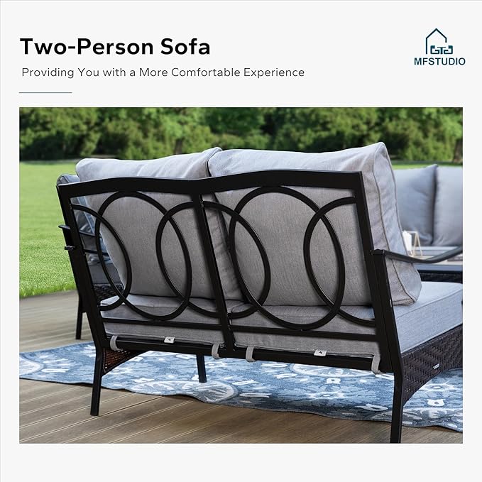MFSTUDIO 5 PCS Outdoor Patio Furniture Set, Metal Outdoor Conversation Set, Rattan Wicker Patio Sectional Sofa Set with 2 x Rocking Single Sofa, 2-Seat and 3-Seat Sofa, 1 x Coffee Table, Grey