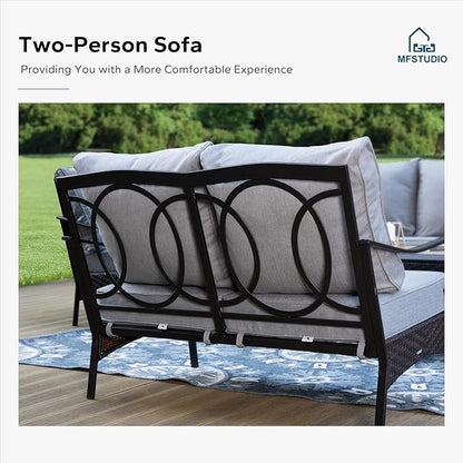 MFSTUDIO 5 PCS Outdoor Patio Furniture Set, Metal Outdoor Conversation Set, Rattan Wicker Patio Sectional Sofa Set with 2 x Rocking Single Sofa, 2-Seat and 3-Seat Sofa, 1 x Coffee Table, Grey