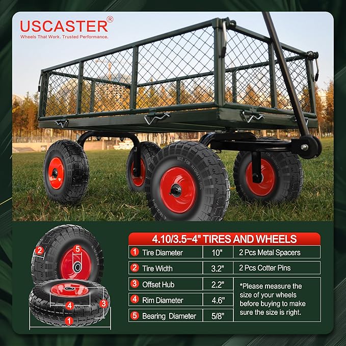 4.10/3.50-4 Tire and Wheel Flat Free,10-Inch Solid Wheel Replacement with 5/8 Bearings,2.2" Offset Hub -Compatible with Hand Truck,Wheelbarrow,Dolly(Red)