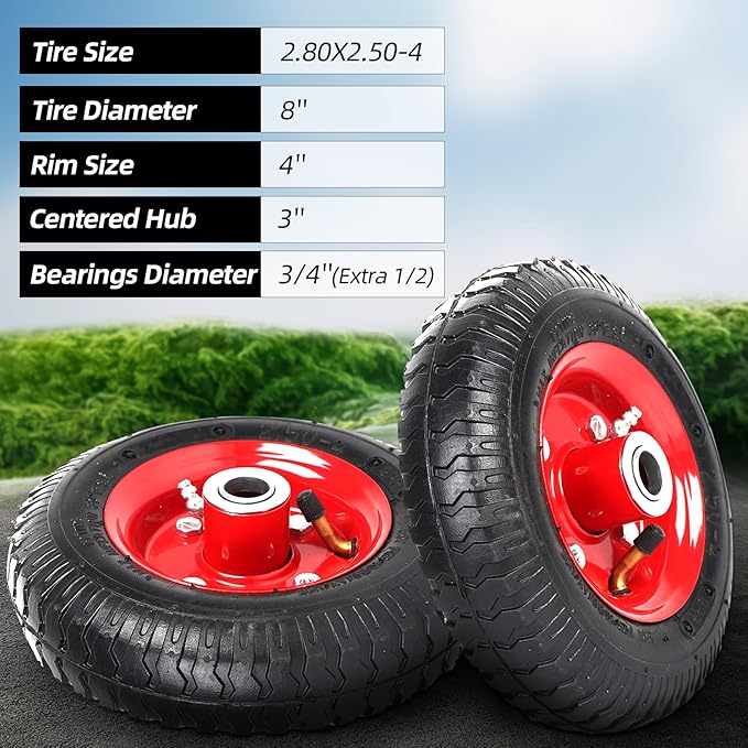 AR-PRO (2-Pack) 2.80/2.50-4" Tire and Wheel Set - 8 Inch Wheelbarrow Tire and Wheel Replacement with 3/4" Bearings and 3" Centered Hub - Extra Adapter kit includes 1/2" Bearings