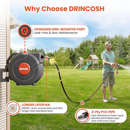 Upgraded Retractable Garden Hose Reels 130 ft X 1/2" PRO Metal Bracket 180° Swivel Any Length Lock Heavy Duty Water Hose Reels Wall Mount 9 Pattern Nozzle Garden Watering