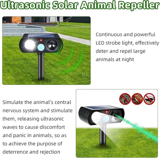 2Pack Solar Deer Repellent Device Ultrasonic Repellent Outdoor Solar Animal Repeller with LED Strober Light&Motion Sensor,2025 Cat Deterrent Outdoor to Scare Squirrel Raccoon Skunk Rabbit