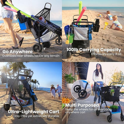 Strolee Large Wheeled Collapsible Beach Cart for Soft Sand, Shopping, Camping & Garden- Lightweight Aluminum Frame- Removable Storage Bag with Carrying Straps, X-L Capacity & Cooler Rack (Blue)